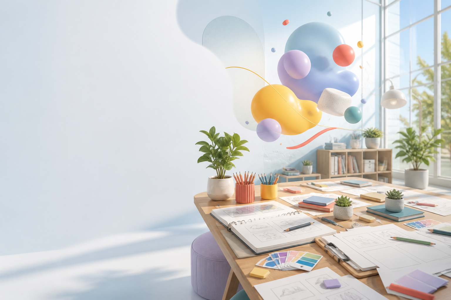Illustration of a bright creative workspace with sketches, color swatches, and colorful shapes