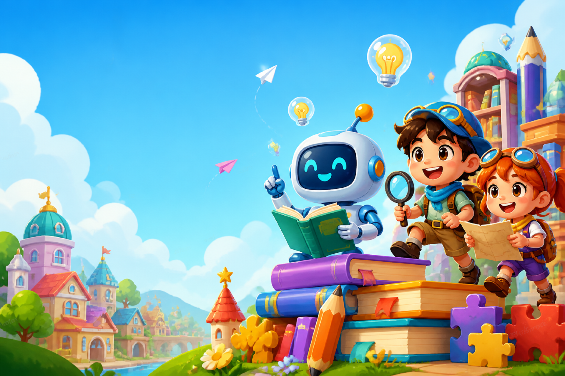 A colorful illustrated quiz world with books, a friendly robot, and curious explorers