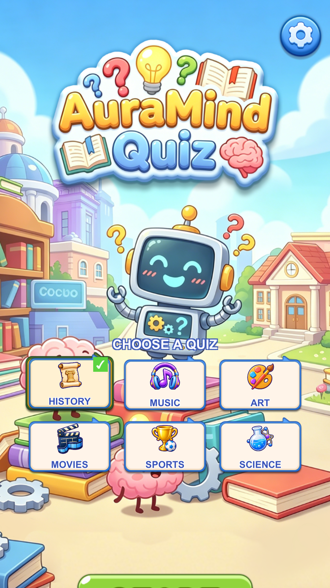 AuraMind Quiz category selection screen